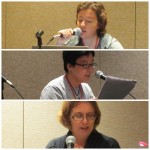 Bedtime Stories at Sirens in 2015. From top to bottom: Rae Carson, Yoon Ha Lee, and Kate Elliott.