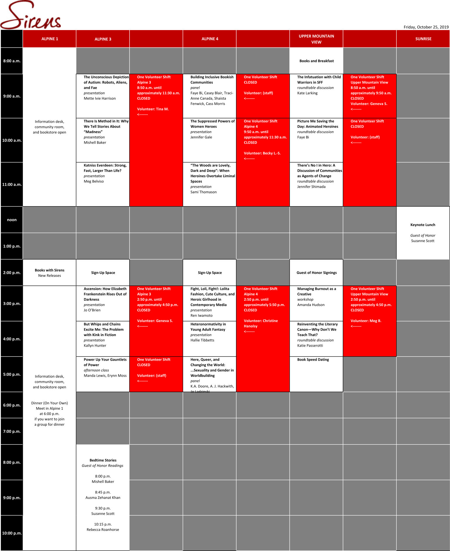 Friday Volunter Schedule Grid