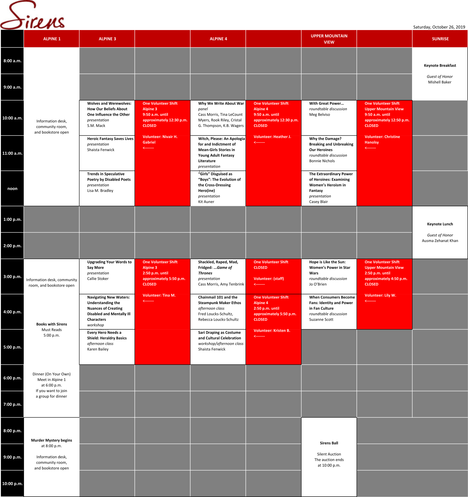 Saturday Volunteer Schedule Grid